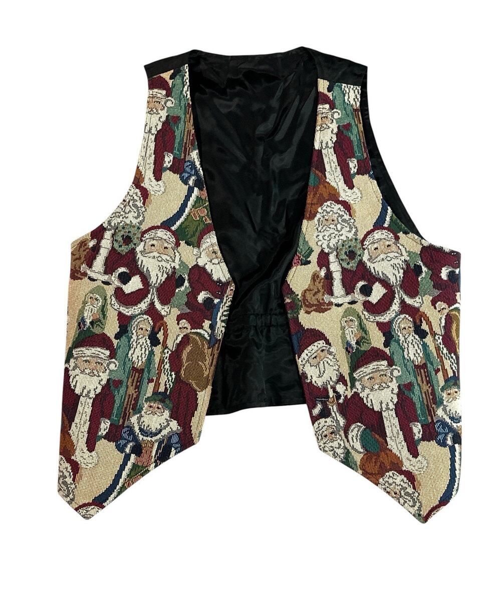 Vintage Christmas Santa Tapestry Vest Womens Holiday Novelty Black Lined